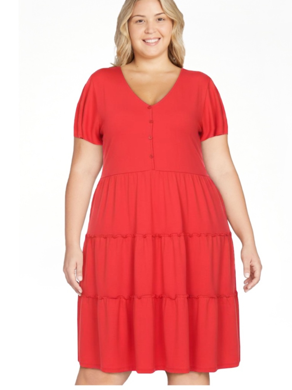 White Mark Women’s Plus Red Short Sleeve V-Neck Tiered Dress Size 1X NWT